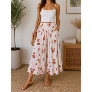Free People White Floral Wide Leg Gauze Pants XS Boho Cottagecore